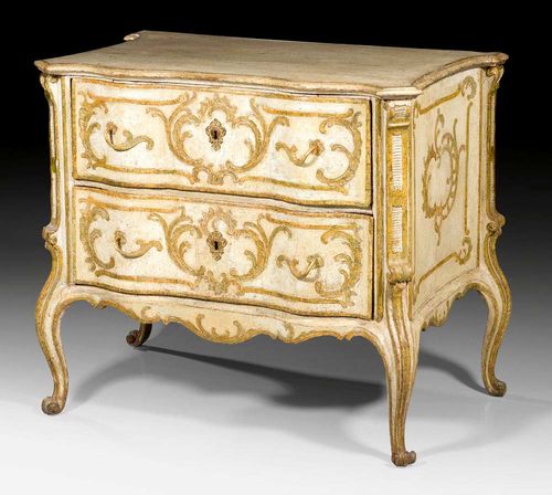 PAINTED CHEST OF DRAWERS,Louis XV, South German , probably  Munich, mid 18th century Finely carved wood painted in white and gold. With shaped front and legs, two drawers and gold painted iron mounts. 100x62x82 cm. Provenance: Private collection, Zurich .