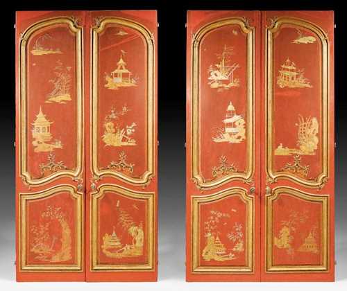 SET OF 4 LACQUERED DOORS,Louis XV, the painting attributed to J. PILLEMENT (Jean Pillement, 1728 Lyon 1808) Paris circa 1760. Finely carved and shaped wood, lacquered on all sides with exceptionally fine pagoda landscapes in delicate gold tones on a red ground. The doors with shaped panels. Also painted verso. Brass knobs. The paint restored. H 245 cm, W each 63 cm. Provenance: - formerly in the collection of the  Château de Champlâtreux, France . - Fischer-Böhler, Munich . - from an important German private collection.