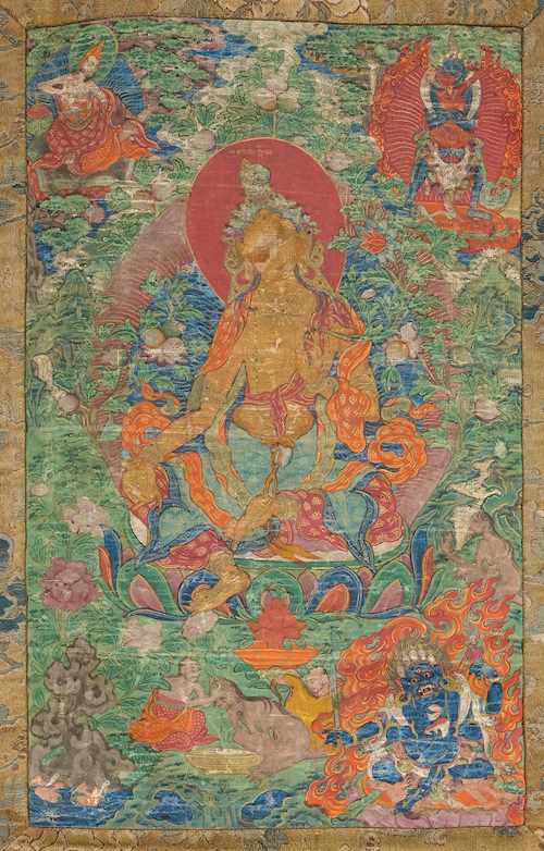 A THANGKA OF TARA WITH MONKS FEEDING A HUNGRY GHOST.