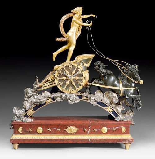 IMPORTANT CLOCK "LE CHAR D'APOLLON",Empire, from a Paris master workshop, circa 1810/20. Matte and polished gilt bronze in two tones, burnished bronze and partly silvered bronze, also "Griotte Rouge" marble. With Apollo in a chariot drawn by 2 horses. The clock with a bronze chapter ring with paste ornament and Paris escapement striking the 1/2 hours on bell. 55x15x56.5 m. Provenance: - Ader/Picard/Tajan auction 1988. - P. Izarn, Paris. - The Fellowship of Friends, USA. - from a European collection.