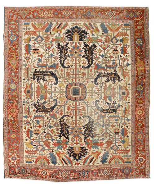 HERIZ SERAPI antique.White ground with a rod-medallion, geometrically patterned with stylized plants in red, black and green, red border, strong signs of wear, 340x280 cm.