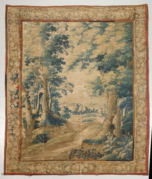 TAPESTRY,Flemish, end of the 17th century. Depiction of a forest clearing with buildings in the background. H 300, W 300 cm. Requires restoration.