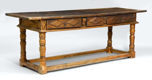 REFECTORY TABLE,Louis XIII, France. Walnut and oak. 224x70x80 cm. Some repairs, requires restoration.