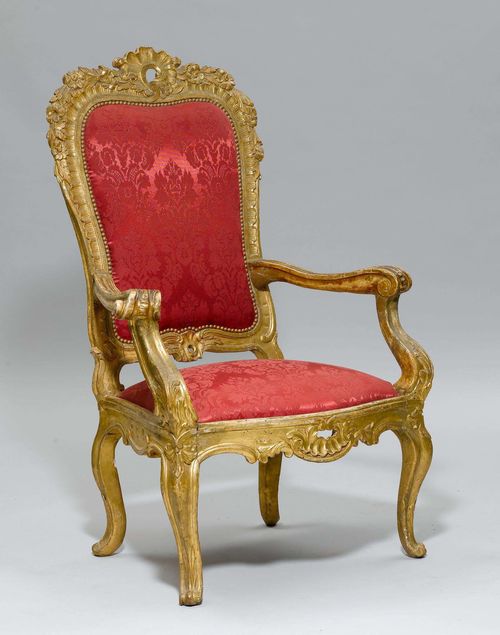 FAUTEUIL À CHASSIS,Baroque, Italy, 18th century. Wood, carved and gilt. Repairs, gilding not original.