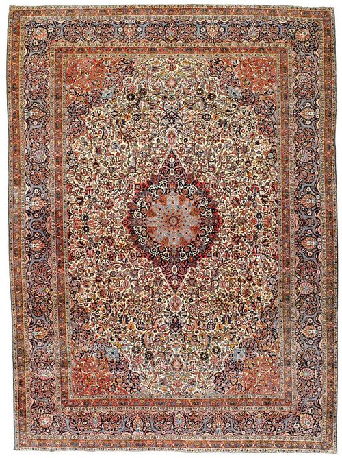 KESHAN old.Blue and pink central medallion on a white ground with red corner motifs, the entire carpet is finely patterned with colourful trailing flowers and palmettes, blue border, slight wear, 420x310 cm.