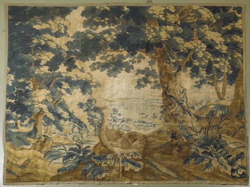 VERDURE TAPESTRY,France, early 18th century. Rectangular. Wooded landscape with birds. 212x260 cm. Some losses and restorations.