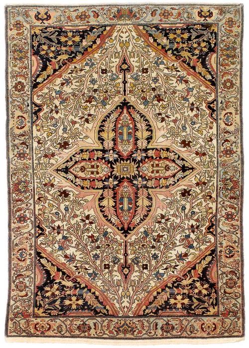 SENNEH antique.Attractive collectors' piece with a white ground, black central medallion and corner motifs, the entire carpet is finely patterned with trailing flowers in harmonious colours, light green edging, good condition, 200x138 cm.