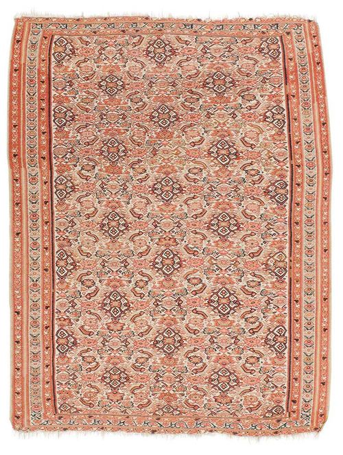 SENNEH KELIM antique.White central field finely patterned with floral motifs in delicate pastel colours, good condition, the ends need minor restoration, 180x138 cm.
