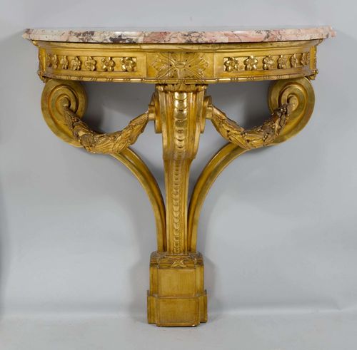 DEMI LUNE CONSOLE,Louis XVI, probably Berne. Wood, carved with rosettes, frieze and laurel wreath, gilt. Pink/grey speckled marble top. 92.5x51x90.5 cm. Repairs, gilt partially not original.
