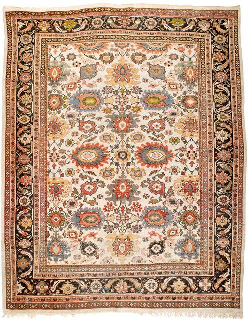 ZIEGLER MAHAL antique.White ground, entirely patterned with large flowers in attractive pastel colours, black edging, good condition, 402x315 cm.