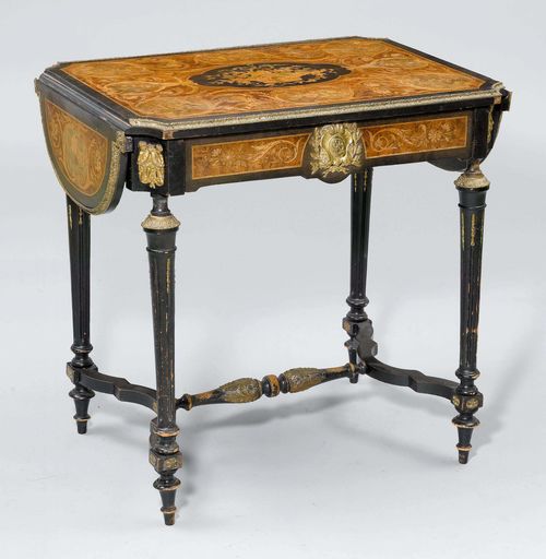 SMALL TABLE,Napoléon III. Ebonized wood as well as ebony, tulipwood and different other woods richly inlaid with tendrils, flowers, birds and a flower basket. Foldable, rounded wings on two sides. Bronze mounts. 72(111)x55x74 cm. Needs some restoration.