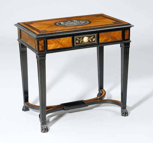 SALON TABLE,Napoléon III, France, 19th century. Signed "LANNEAU". Tulipwood and ebonized wood as well as pietra dura reserves with floral decor. Rectangular, shaped leaf. 78x50x75 cm.