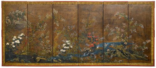 A RIMPA-SCHOOL SIXFOLD SCREEN. Japan,  18th/19th c. 163x64.5 cm (1 panel). Ink, silver and colour on paper. Restored. Minor damages.