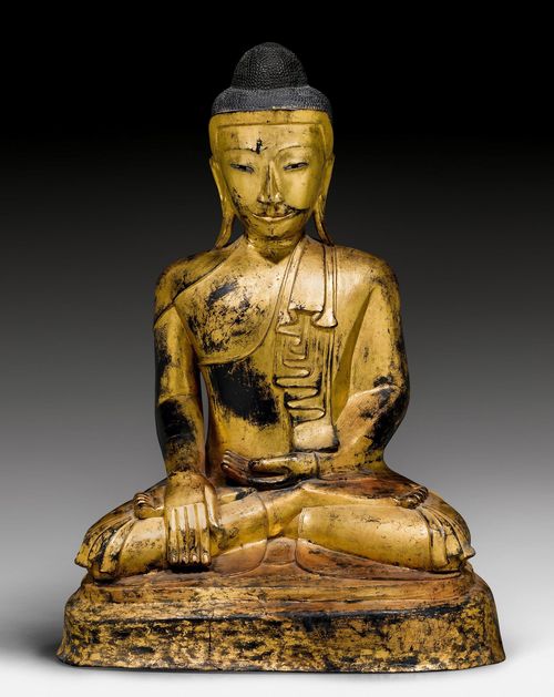 A LARGE GILT DRY LACQUER FIGURE OF THE SEATED BUDDHA SHAKYAMUNI. Burma, 19th c. Height 119 cm. One short crack at base.