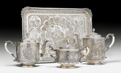 A THREE PART SILVER TEA AND COFFEE SET WITH TRAY. Iran, 20th c. Height 12.3-17.3 cm, tray 27x38 cm. Hall marks. (4)
