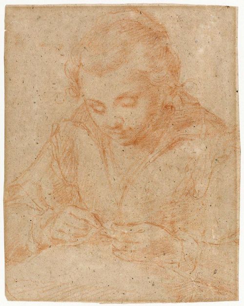 SCHOOL OF BOLOGNA, CIRCA 1600 A young woman sewing. Red chalk on brown paper. Old attribution lower right (unidentified). 21 x 16.5 cm.
