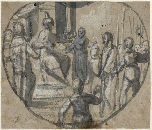 ITALIAN SCHOOL , 17TH CENTURY Christ before Pilate. Grey brush, heightened in white, on grey-brown wove paper. Old mount. Old inscription verso in brown pen: Portefeuille N.35. Dessein N.5. 15.1 x 17.7 cm. Provenance: - unidentified collector's stamp verso -Rhyner collection , Basel