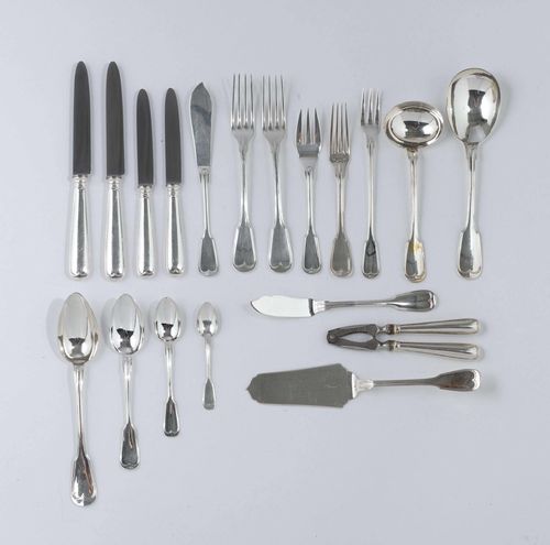 CUTLERY,Schaffhausen, 20th century. Factory mark Jezler and others. Assorted. Thread pattern. Comprising: 24 forks, 12 knives, 12 soup spoons, 12 long-handled forks, 12 dessert forks, 6 dessert spoons, 6 small dessert spoons, 12 dessert knives, 6 fish knives, 6 fish forks, 7 teaspoons, 12 mocha spoons, 9 serving pieces. Total weight 5460g.