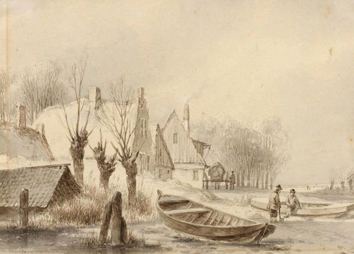 Circle of SCHELFHOUT, ANDREAS (1787 The Hague 1870) Winter landscape with farmsteads near a frozen lake. Grey and brown pen, with wash. Verso inscribed (signed?) in pencil: A.Schelfhout f. 1838. Old numbering in red pencil: 216. 15 x 19.7 cm. Framed.
