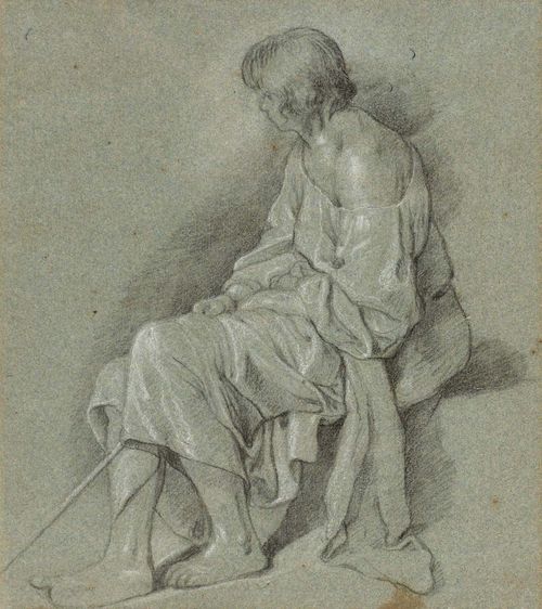 Attributed to BEGA, CORNELIS PIETERZ (1620 Haarlem 1664) Study of a shepherd boy. Black chalk, heightened in white, on grey-blue wove paper. 21.1 x 19 cm. Framed. Provenance: - Galerie Kurt Meissner, Zurich