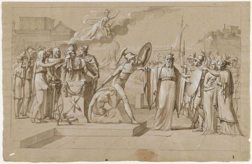 FRENCH SCHOOL, CIRCA 1800. The sacrifice of Iphigenie of Aulis. Pen and brush in brown, with black chalk, heightened in white on beige coloured wove paper. 29 x 44.5 cm.