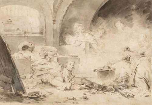 After FRAGONARD, JEAN-HONORÉ (Grasse 1732 - 1806 Paris) The beggar's dream or the sleeping old man. Pen and brush in brown. Inscribed on left margin in brown pen: Frago 1772 14.5 x 21.5 cm. Framed.