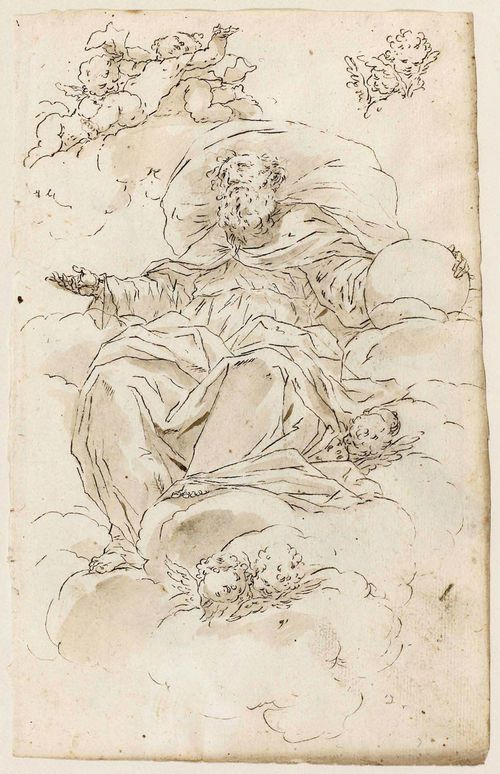 SOUTH GERMAN SCHOOL, 18TH CENTURY Apostle on the clouds with putti  (recto and verso). Pen in black with brown wash. 26 x 18 cm. Framed.