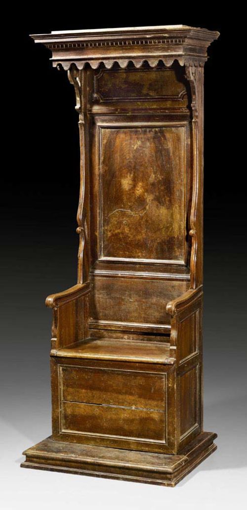 CHOIR CHAIR,Renaissance, Tuscany, 17th century. Shaped walnut. With alterations. 42x43x46x236 cm. Provenance: -  Palazzo Serristori, Florence. - West Swiss castle collection.