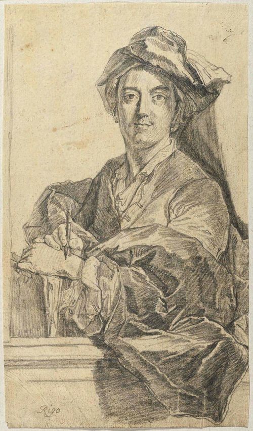 HUBER, JOHANN RUDOLF the elder (1668 Basel 1748) Self portrait of the artist with drawing pad and crayon. Black chalk. Old inscription lower left: Rigo 31.5 x 18.5 cm.