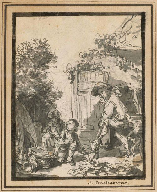 FREUDENBERGER, SIGMUND (1745 Bern 1801) Three boys playing and digging in a garden. Pen and brush in black and grey, with black chalk. Old mount. Old inscription on mount in black pen: S.Freudenberger. 13.5 x 11.5 cm. Framed.