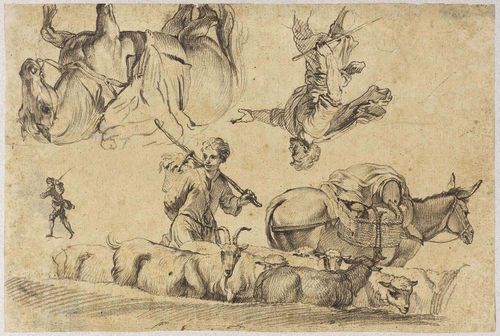 HUBER, JOHANN RUDOLF the elder (1668 Basel 1748) Study sheet with herdsmen, flock of sheep, mule and horse. Black chalk. 19.2 x 28.2 cm.