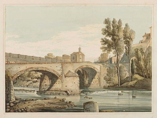 FRYER, EDWARD (before 1823 London after 1848) 1. Italian village with bridge over river. 2. Italian landscape with old estate. Brown pen and watercolour. One sheet signed and dated on lower edge of picture: E.Fryer 1823. Each 24.8 x 33.6 cm.