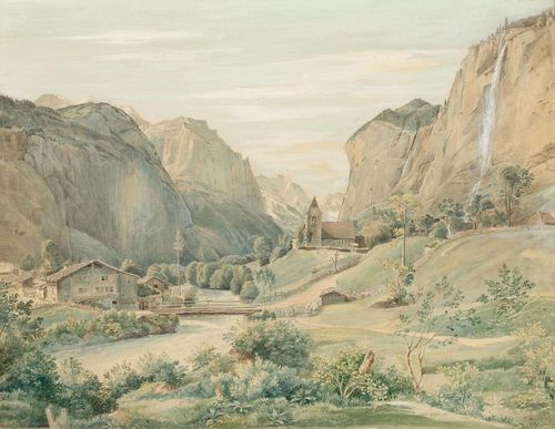 CANTON OF BERN.-Anonymous, circa 1850. Staubbachfall in Lauterbrunnen. Watercolour and opaque white, 36.5 x 47.5 cm (image). Framed.