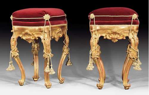 SET OF 4 STOOLS,known as "sgabelli", Louis XV, Sicily circa 1760. Shaped and carved beech, gilt and silver-plated. Red silk cover. Gilding restored. 40x40x63 cm.