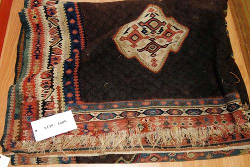 ANATOLIAN KILIM antique. Brown central field with several medallions, geometrically patterned, triple stepped border, signs of wear, 240x150 cm.
