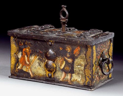SMALL PAINTED IRON CASKET,Renaissance, German, 17th century The front with putti, the lid and sides with stylised flowers and leaves. With fine iron lock and decorative iron straps. 15x8x10 cm. Provenance: Private collection, Basel.