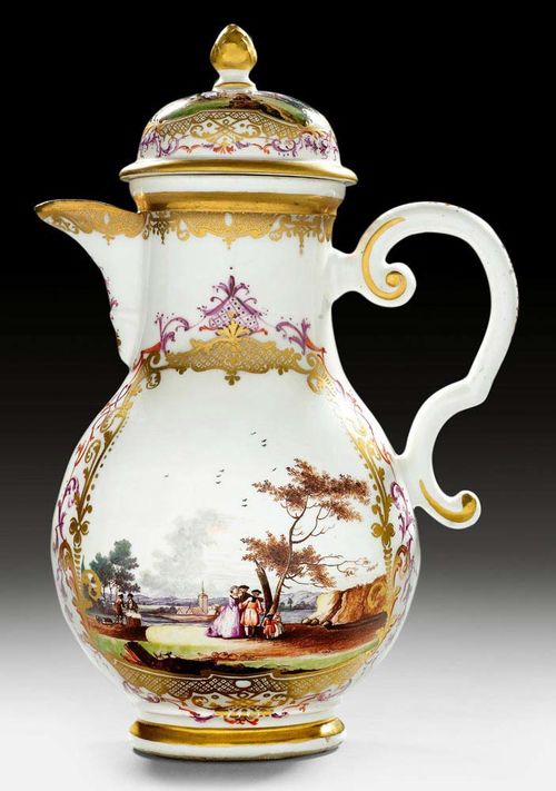 COFFEE POT AND LID, Meissen, circa 1740-45.Underglaze blue sword mark, gold number 59. Impressed potter's marks on both pieces. H 22.5cm. Restored.