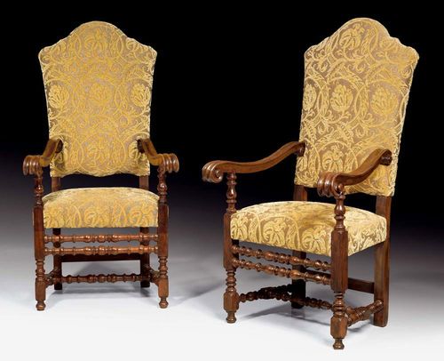 PAIR OF WALNUT ARMCHAIRS,Baroque, Northern Italy circa 1650. With yellow silk floral and foliate covers. 66x48x55x140 cm. Provenance: Private collection, Lugano.