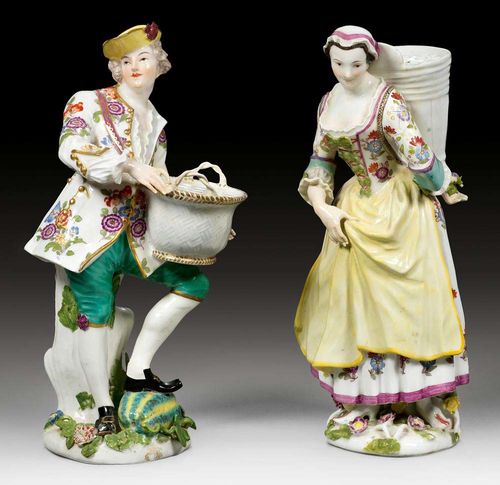 PAIR OF GARDENERS WITH FLOWER BASKETS, Meissen, circa 1740-44.Models by J. J. Kaendler. Without marks. H 27 and 28cm. Restorations, small chips, hair-line crack in the base of the girl.