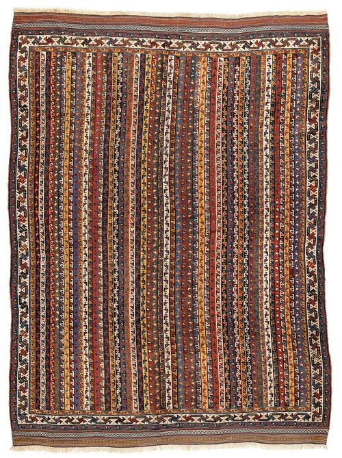 GASHGAI antique.Vertically striped central field with a colourful design, white border with stylised tendrils, good condition, 156x213 cm.