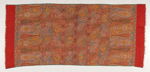 INDIAN EMBROIDERY old.Red ground, finely patterned with boteh motifs in attractive pastel colours. Slight wear. 90x205 cm.