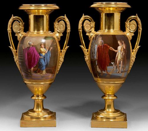 PAIR OF EMPIRE VASES WITH ANTIQUE TRAGEDY SCENES, Paris, Schoelcher, circa 1820.Gold background. Finely painted scenes from ancient mythology on both sides in gold leaf frames, subtitled 'acte 4me Tragedie de Phedre scene 9me'; 'acte 9me Tragedie de Mitridate scene 6me'; 'acte 1re Tragedie de Alexendre scene 2me'; 'acte 4me Tragedie de Mitridate scene 4me'. Schoelcher incised on the underside of 1 vase. H 44.8cm.
