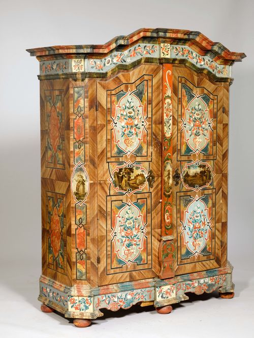 PAINTED CUPBOARD, Upper Austria, dated 1799. Pine wood, grained and partly marbled, and painted with vases and garlands. Front with double-doors. 160x70x196 cm. Inside: intermediate walls, missing. Shelves, not original. Paint, partly rubbed and re-painted in part. Scratches on one of the doors. Crown, with alterations.