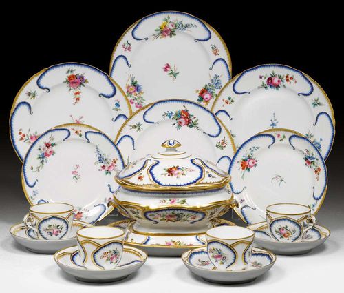 PIECES FROM THE 'PETERHOF BANQUET SERVICE', St. Petersburg, Nicholas I (1825-55) until Nicholas II (1894-1917).The decoration after the 'Feuilles de Choux' service from the Sevres factory. Consisting of: 1 terrine with lid and base, 7 dinner plates, 7 smaller plates and 10 cups and saucers; a saucer in addition. Factory marks from the periods of Czar Nicholas I in underglaze blue (terrine), Czar Alexander III in green (11 saucers, 1 dinner plate), Nicholas II in green (6 plates, 10 cups and 7 smaller plates). (38) Minor chips.