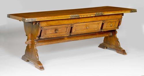 LARGE TABLE WITH EXTENSIONS, Baroque, from the Alpine region, 18th century. Cherry and pine. Rectangular, pull-out leaf, 2 lateral drawers and 3 bread drawers. Incomplete date and inscription inlaid with bone. Iron mounts. 204(376)x84x79 cm. Alterations.