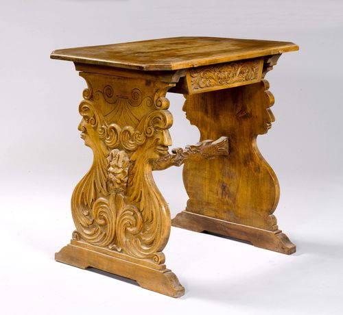 SIDE TABLE, Historicism, from the Alpine region. Walnut, carved with grotesque faces, dolphins and legendary creatures. 77x55x73 cm. Cracked leaf.