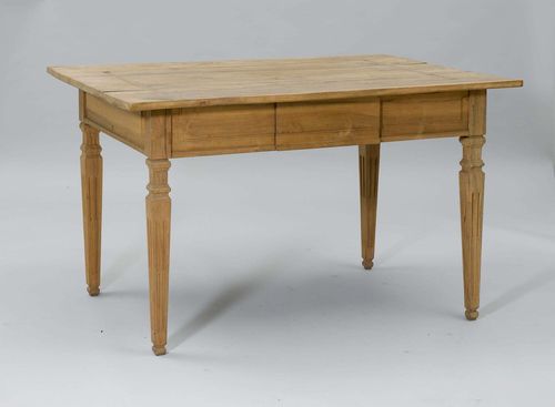 LOUIS XVI TABLE, Alpine region. Walnut and cherry inlaid with fillets and star. 126x91.5x78 cm. Some losses.