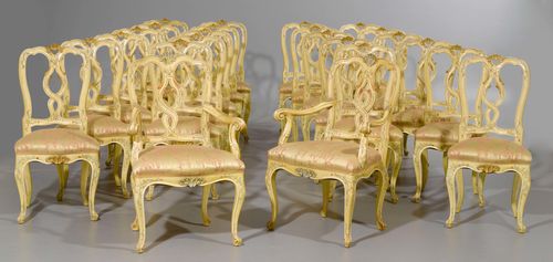 SET OF 22 CHAIRS AND 2 FAUTEUILS, in the Venetian Louis XV style. Wood, carved with shells, and painted with flowers and tendrils on a yellow ground. Gold-coloured, patterned silk cover. Provenance: Gut Aabach, Risch am Zugersee.