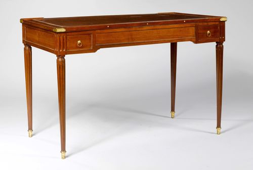 TRIC TRAC TABLE, Louis XVI, France. Mahogany, fluted. The top removable. One side lined with red leather, the other side with green felt, and opening onto a Tables board. Brass mounts. 112x58x72 cm. Extensively restored.