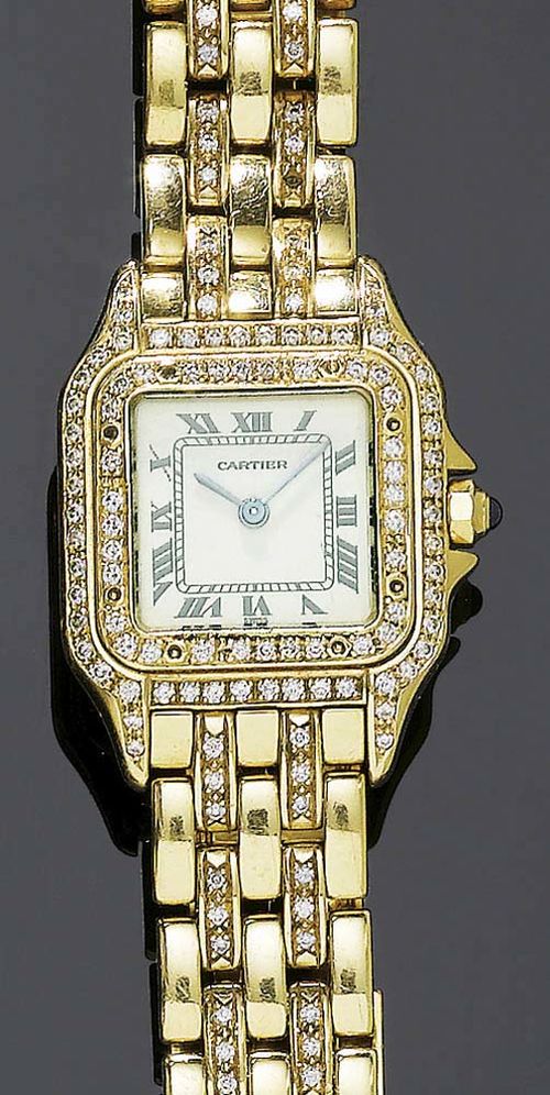 DIAMOND LADY'S WRISTWATCH, CARTIER PANTHER, from the 1990s. Yellow gold 750. Gold case No. 86691133516 with brilliant-cut diamond lunette and attaches. Cream-colored dial with Roman numerals and blued hands. Quartz movement. Gold band with fold-over clasp, decorated with 72 diamonds. Total weight of the diamonds ca 1.30 ct.